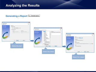 Generating a Report
Analyzing the Results
Select the output
Select the detail
Select the test
 