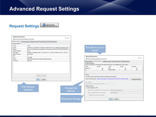 Request Settings
Advanced Request Settings
Change the
referrer
Encode or put an
equal
Response storage
Edit request
headers
 