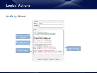 JavaScript
Logical Actions
Access the variable
manager
Get a value from the
variable manager
Log a message
Assign a value
 