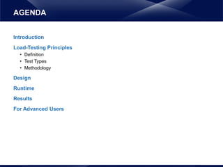 Introduction
Load-Testing Principles
• Definition
• Test Types
• Methodology
Design
Runtime
Results
For Advanced Users
AGENDA
 