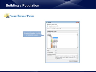 Focus: Browser Picker
Building a Population
Simulate desktop, mobile
or tablet browsers
 