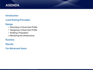 Introduction
Load-Testing Principles
Design
• Recording a Virtual User Profile
• Designing a Virtual User Profile
• Building a Population
 Monitoring the Infrastructure
Runtime
Results
For Advanced Users
AGENDA
 