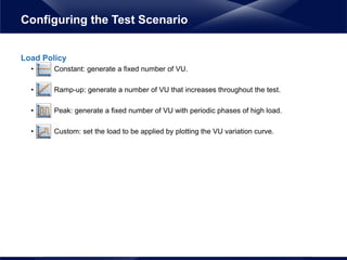 Load Policy
• Constant: generate a fixed number of VU.
• Ramp-up: generate a number of VU that increases throughout the test.
• Peak: generate a fixed number of VU with periodic phases of high load.
• Custom: set the load to be applied by plotting the VU variation curve.
Configuring the Test Scenario
 