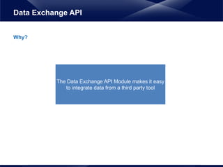 The Data Exchange API Module makes it easy
to integrate data from a third party tool
Why?
Data Exchange API
 