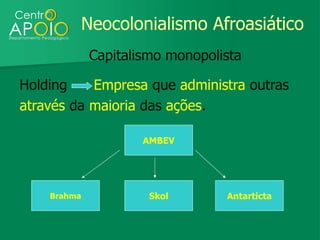 Neocolonialismo Afroasiático
             Capitalismo monopolista

Holding    Empresa que administra outras
através da maioria das ações.

                     AMBEV




    Brahma            Skol       Antarticta
 