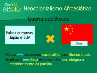 Neocolonialismo Afroasiático
              Guerra dos Boxers

Países europeus,
  Japão e EUA
                                            China



Motivo     movimento nacionalista para libertar o país
Implicação    força expedicionária que obrigou o
  reconhecimento da partilha.
 