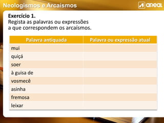 Neologismos e Arcaísmos
Palavra antiquada Palavra ou expressão atual
mui
quiçá
soer
à guisa de
vosmecê
asinha
fremosa
leixar
Exercício 1.
Regista as palavras ou expressões
a que correspondem os arcaísmos.
 