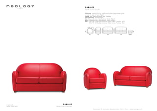 2 seater sofa
Leather: Toledo Ferrari
C A R D I F F
d e s i g n S t u d i o N e o l o g y
S h o w r o o m 7 8 b o u l e v a r d B e a u m a r c h a i s 7 5 0 1 1 P a r i s - w w w . n e o l o g y . t m . f r
C A R D I F F
d e s i g n S t u d i o N e o l o g y
Framework : Solid beech wood, oriented strand panels (OSB) and fiber panels,
covered with polyether foam 20kg/m3
Sprung : Seat : Steel bow springs. Back : Webbing
Feet and finishing : Varnished beech
Seat : Polyurethane foam - High Resiliency - Density 35kg/m3
Back : Polyurethane foam - High Resiliency - Density 26kg/m3
Beds : 120 x 190 - 3 folds slates mechanism - Bultex mattress - Thickness : 6 cm
140 x 190 - 3 folds slates mechanism - Bultex mattress - Thickness : 6 cm
86
56
56x5680 155 175
85
43
40
 