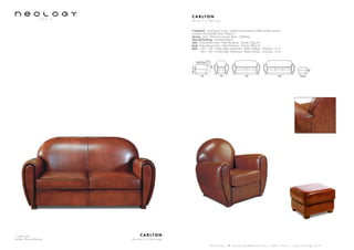 2 seater sofa
Leather: Basane Marony
C A R LT O N
d e s i g n b . e N e o l o g y
S h o w r o o m 7 8 b o u l e v a r d B e a u m a r c h a i s 7 5 0 1 1 P a r i s - w w w . n e o l o g y . t m . f r
C A R LT O N
d e s i g n b . e N e o l o g y
Framework : Solid beech wood, oriented strand panels (OSB) and fiber panels,
covered with polyether foam 20kg/m3
Sprung : Seat : Steel bow springs. Back : Webbing
Feet and finishing : Varnished beech
Seat : Polyurethane foam - High Resiliency - Density 35kg/m3
Back : Polyurethane foam - High Resiliency - Density 30kg/m3
Beds : 120 x 190 - 3 folds slates mechanism - Bultex mattress - Thickness : 6 cm
140 x 190 - 3 folds slates mechanism - Bultex mattress - Thickness : 6 cm
90
F54/C56
93 178 198 56x56
84
40
F40/C42
 
