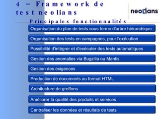 4 – Framework de test neolians   Principales fonctionnalités Organisation du plan de tests sous forme d'arbre hiérarchique Possibilité d'intégrer et d'exécuter des tests automatiques  Gestion des anomalies via Bugzilla ou Mantis Organisation des tests en campagnes, pour l'exécution Gestion des exigences Production de documents au format HTML Architecture de greffons Améliorer la qualité des produits et services Centraliser les données et résultats de tests 