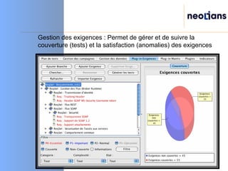Gestion des exigences : Permet de gérer et de suivre la couverture (tests) et la satisfaction (anomalies) des exigences 