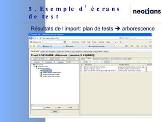 5. Exemple d’écrans de test Résultats de l’import: plan de tests    arborescence 