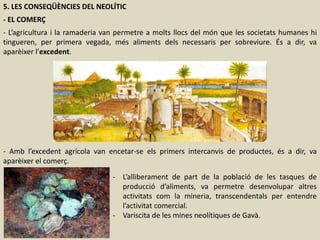 5. LES CONSEQÜÈNCIES DEL NEOLÍTIC
- EL COMERÇ
- L’agricultura i la ramaderia van permetre a molts llocs del món que les societats humanes hi
tingueren, per primera vegada, més aliments dels necessaris per sobreviure. És a dir, va
aparèixer l’excedent.
- Amb l’excedent agrícola van encetar-se els primers intercanvis de productes, és a dir, va
aparèixer el comerç.
- L’alliberament de part de la població de les tasques de
producció d’aliments, va permetre desenvolupar altres
activitats com la mineria, transcendentals per entendre
l’activitat comercial.
- Variscita de les mines neolítiques de Gavà.
 