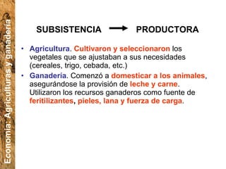 Agricultura .  Cultivaron y seleccionaron  los vegetales que se ajustaban a sus necesidades (cereales, trigo, cebada, etc.) Ganadería . Comenzó a  domesticar a los animales , asegurándose la provisión de  leche y carne . Utilizaron los recursos ganaderos como fuente de  feritilizantes ,  pieles, lana y fuerza de carga . Economía: Agriculturas y ganadería SUBSISTENCIA PRODUCTORA 