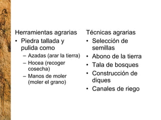 Herramientas agrarias Piedra tallada y pulida como  Azadas (arar la tierra) Hocea (recoger cosecha) Manos de moler (moler el grano) Técnicas agrarias Selección de semillas Abono de la tierra Tala de bosques Construcción de diques Canales de riego 