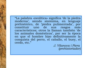 “ La palabra «neolítica» significa ‘de la piedra moderna’, siendo sinónima, en lenguaje prehistórico, de ‘piedra pulimentada’, por constituir uno de sus rasgos más característicos; otros la llaman también ‘de los animales domésticos’, por ser la época en que el hombre hizo definitivamente la conquista del perro, el caballo, el buey, el cerdo, etc.” J. Vilanova i Piera  (prehistoriador) 