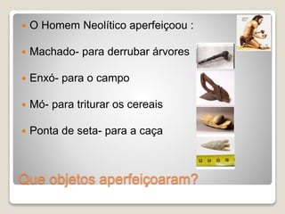  O Homem Neolítico aperfeiçoou :
Machado- para derrubar árvores
Enxó- para o campo
Mó- para triturar os cereais
Ponta de seta- para a caça
Que objetos aperfeiçoaram?