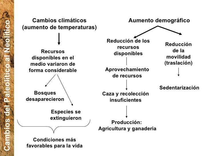 Cambios del Paleolítico al Neolítico Cambios climáticos (aumento de temperaturas) Recursos disponibles en el medio variaro...