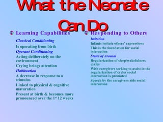 What the Neonate Can Do Learning Capabilities Classical Conditioning Is operating from birth Operant Conditioning Acting deliberately on the environment Crying brings attention Habituation A decrease in response to a stimulus Linked to physical & cognitive maturation Present at birth & becomes more pronounced over the 1 st  12 weeks Responding to Others Imitation Infants imitate others’ expressions This is the foundation for social interaction States of Arousal Regularization of sleep/wakefulness cycles With caregivers seeking to assist in the regularization of cycles social interaction is promoted Speech by the caregivers aids social interaction 
