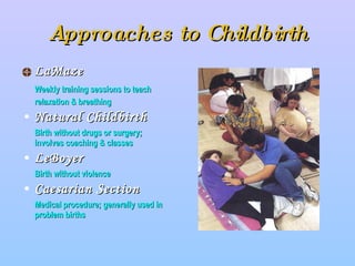 Approaches to Childbirth LaMaze Weekly training sessions to teach relaxation & breathing Natural Childbirth Birth without drugs or surgery; involves coaching & classes LeBoyer Birth without violence Caesarian Section Medical procedure; generally used in problem births 