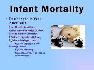 Infant Mortality Death in the 1 st  Year After Birth 1 in 100 births is stillbirth African American babies 2X more likely to die than Caucasian Infant mortality rate in U.S. very high for a developed country High rate of preterm & low- birthweight babies High rate of poverty Prenatal services not as good as  other countries 