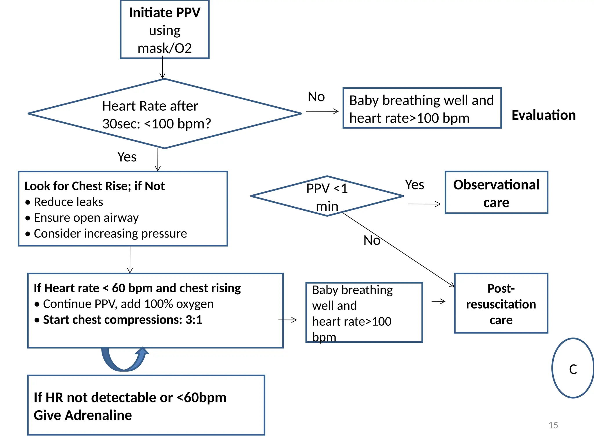 15
Initiate PPV
using
mask/O2
Heart Rate after
30sec: <100 bpm?
Baby breathing well and
heart rate>100 bpm
Look for Chest Rise; if Not
• Reduce leaks
• Ensure open airway
• Consider increasing pressure
If Heart rate < 60 bpm and chest rising
• Continue PPV, add 100% oxygen
• Start chest compressions: 3:1
Baby breathing
well and
heart rate>100
bpm
Post-
resuscitation
care
PPV <1
min
Observational
care
Evaluation
C
Yes
No
Yes
No
If HR not detectable or <60bpm
Give Adrenaline
 