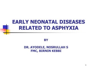 1
EARLY NEONATAL DISEASES
RELATED TO ASPHYXIA
BY
DR. AYODELE, NOSRULLAH S
FMC, BIRNIN KEBBI
 