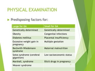 PHYSICAL EXAMINATION
 Predisposing factors for:
Large for GA Small for GA
Genetically determined Genetically determined
Obesity Congenital infections
Diabetes mellitus Placental insufficiency
Excessive weight gain in
pregnancy
Multiple gestation
Beckwith-Wiedemann
syndrome
Maternal malnutrition
Sotos syndrome (cerebral
gigantism)
Low socioeconomic status
Marshall, syndrome Illicit drugs in pregnancy
Weaver syndrome
27
 