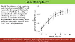 Frank starling forces 
Kirkpatrick SE, Pitlick PT, Naliboff J, Friedman WF (1976) Frank-Starling relationship as an important determinant of fetal 
cardiac output. Am J Physiol 231:495-500. 
 