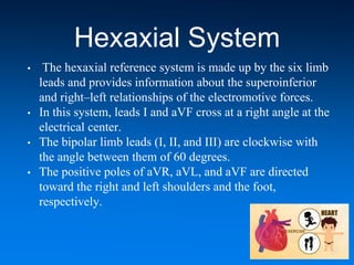 Hexaxial System
• The hexaxial reference system is made up by the six limb
leads and provides information about the superoinferior
and right–left relationships of the electromotive forces.
• In this system, leads I and aVF cross at a right angle at the
electrical center.
• The bipolar limb leads (I, II, and III) are clockwise with
the angle between them of 60 degrees.
• The positive poles of aVR, aVL, and aVF are directed
toward the right and left shoulders and the foot,
respectively.
 
