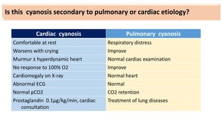 Is this cyanosis secondary to pulmonary or cardiac etiology?
Pulmonary cyanosis
Cardiac cyanosis
Respiratory distress
Comfortable at rest
Improve
Worsens with crying
Normal cardiac examination
Murmur ± hyperdynamic heart
Improve
No response to 100% O2
Normal heart
Cardiomegaly on X-ray
Normal
Abnormal ECG
CO2 retention
Normal pCO2
Treatment of lung diseases
Prostaglandin 0.1μg/kg/min, cardiac
consultation
 