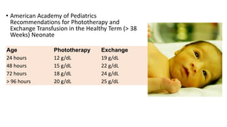 • American Academy of Pediatrics
Recommendations for Phototherapy and
Exchange Transfusion in the Healthy Term (> 38
Weeks) Neonate
Age Phototherapy Exchange
24 hours 12 g/dL 19 g/dL
48 hours 15 g/dL 22 g/dL
72 hours 18 g/dL 24 g/dL
> 96 hours 20 g/dL 25 g/dL
 
