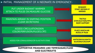  INITIAL MANAGEMENT OF A NEONATE IN EMERGENCY-
PUT UNDER RADIANT WARMER
ATTACH TO PULSE OX,MEASURE GLUCOSE
MAINTAIN AIRWAY IN SNIFFING POSITION
,CLEAR SECRETIONS
ASSESS CIRCULATION{SKIN
COLOR,PERFUSION,PULSES,CRT}
ASSESS FOR CONVULSIONS/CRY & ACTIVITY,TONE
ANTICONVULSANTS/
GLUCOSE/CALCIUM
PLACE VASCULAR
ACESS,IV Fluid
TACTILE
STIM/SUCTION/PPV/
RESPI SUPPORT
REWARM
START OXYGEN IF
NEEDED
SUPPORTIVE MEASURES LIKE TEMP,SUGAR,FLUID
AND ELECTROLYTE
 