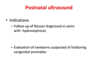 • Indications
– Follow-up of fetuses diagnosed in utero
with hydronephrosis
– Evaluation of newborns suspected of harboring
congenital anomalies
Postnatal ultrasound
 