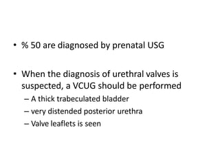 • % 50 are diagnosed by prenatal USG
• When the diagnosis of urethral valves is
suspected, a VCUG should be performed
– A thick trabeculated bladder
– very distended posterior urethra
– Valve leaflets is seen
 