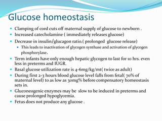 Glucose homeostasis
 Clamping of cord cuts off maternal supply of glucose to newborn .
 Increased catecholamine ( immediately releases glucose)
 Decrease in insulin/glucagon ratio.( prolonged glucose release)
 This leads to inactivation of glycogen synthase and activation of glycogen
phosphorylase.
 Term infants have only enough hepatic glycogen to last for 10 hrs. even
less in preterms and IUGR.
 Basal glucose utilization rate is 4-6mg/kg/mt( twice as adult)
 During first 2-3 hours blood glucose level falls from fetal( 70% of
maternal level) to as low as 30mg% before compensatory homeostasis
sets in.
 Gluconeogenic enzymes may be slow to be induced in preterms and
cause prolonged hypoglycemia.
 Fetus does not produce any glucose .
 