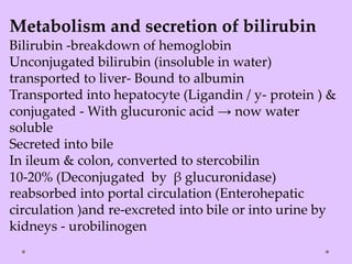 Metabolism and secretion of bilirubin
Bilirubin -breakdown of hemoglobin
Unconjugated bilirubin (insoluble in water)
transported to liver- Bound to albumin
Transported into hepatocyte (Ligandin / y- protein ) &
conjugated - With glucuronic acid → now water
soluble
Secreted into bile
In ileum & colon, converted to stercobilin
10-20% (Deconjugated by β glucuronidase)
reabsorbed into portal circulation (Enterohepatic
circulation )and re-excreted into bile or into urine by
kidneys - urobilinogen
 