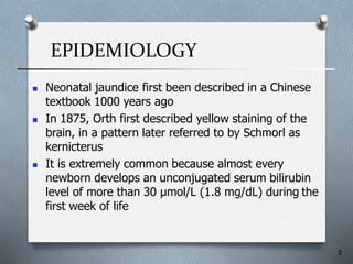 EPIDEMIOLOGY
5
 Neonatal jaundice first been described in a Chinese
textbook 1000 years ago
 In 1875, Orth first described yellow staining of the
brain, in a pattern later referred to by Schmorl as
kernicterus
 It is extremely common because almost every
newborn develops an unconjugated serum bilirubin
level of more than 30 µmol/L (1.8 mg/dL) during the
first week of life
 