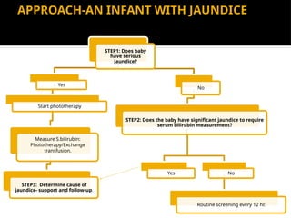 APPROACH-AN INFANT WITH JAUNDICE
visual assessment every 12 hrs, first 3-5 days ; TRANSCUTANEOUS IF AVAILABLE.
STEP1: Does baby
have serious
jaundice?
Yes
Start phototherapy
Measure S.bilirubin:
Phototherapy/Exchange
transfusion.
STEP3: Determine cause of
jaundice- support and follow-up.
No
STEP2: Does the baby have significant jaundice to require
serum bilirubin measurement?
Yes No
Routine screening every 12 hr.
 