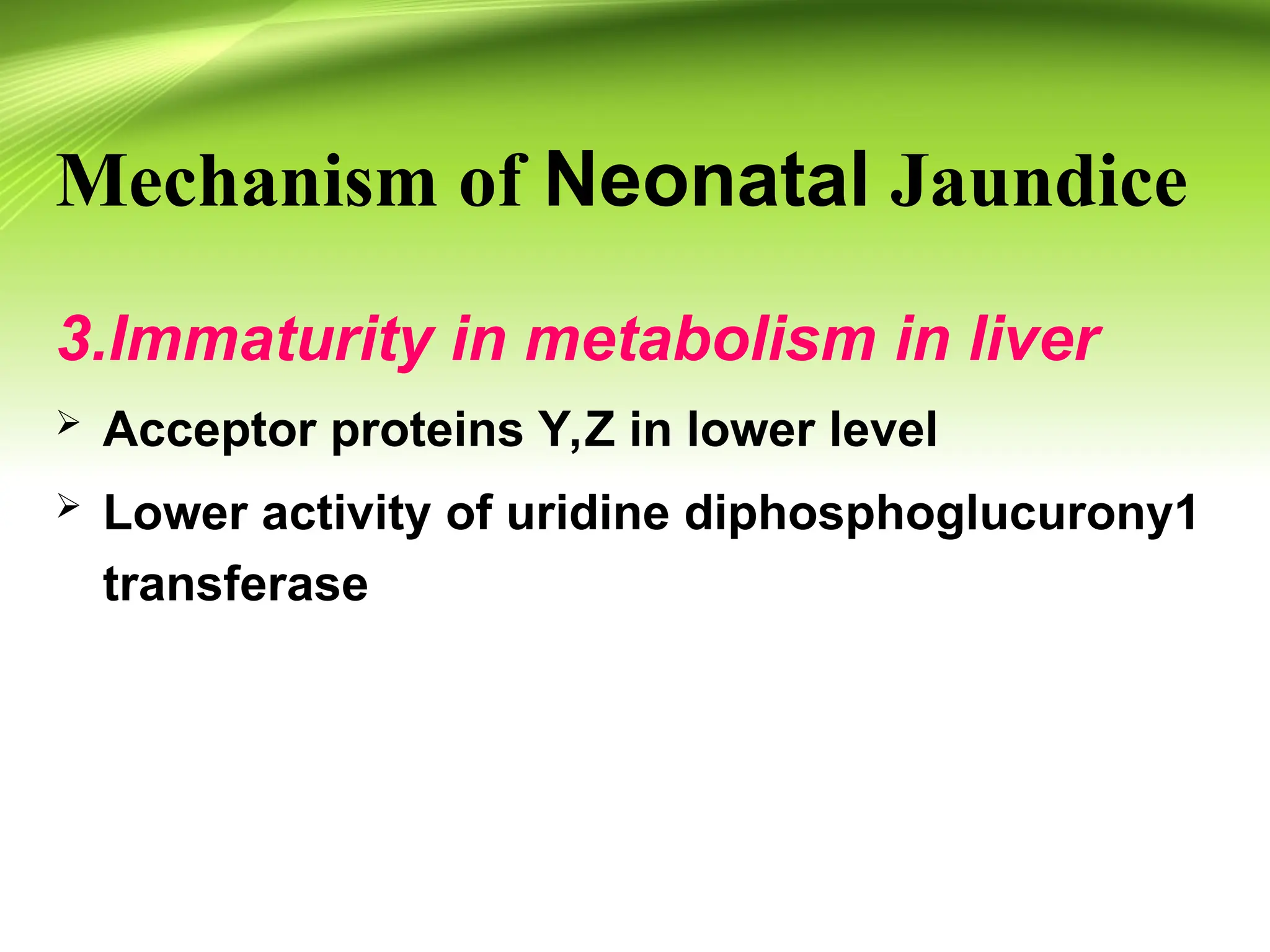 Mechanism of Neonatal Jaundice
3.Immaturity in metabolism in liver
 Acceptor proteins Y,Z in lower level
 Lower activity of uridine diphosphoglucurony1
transferase
 