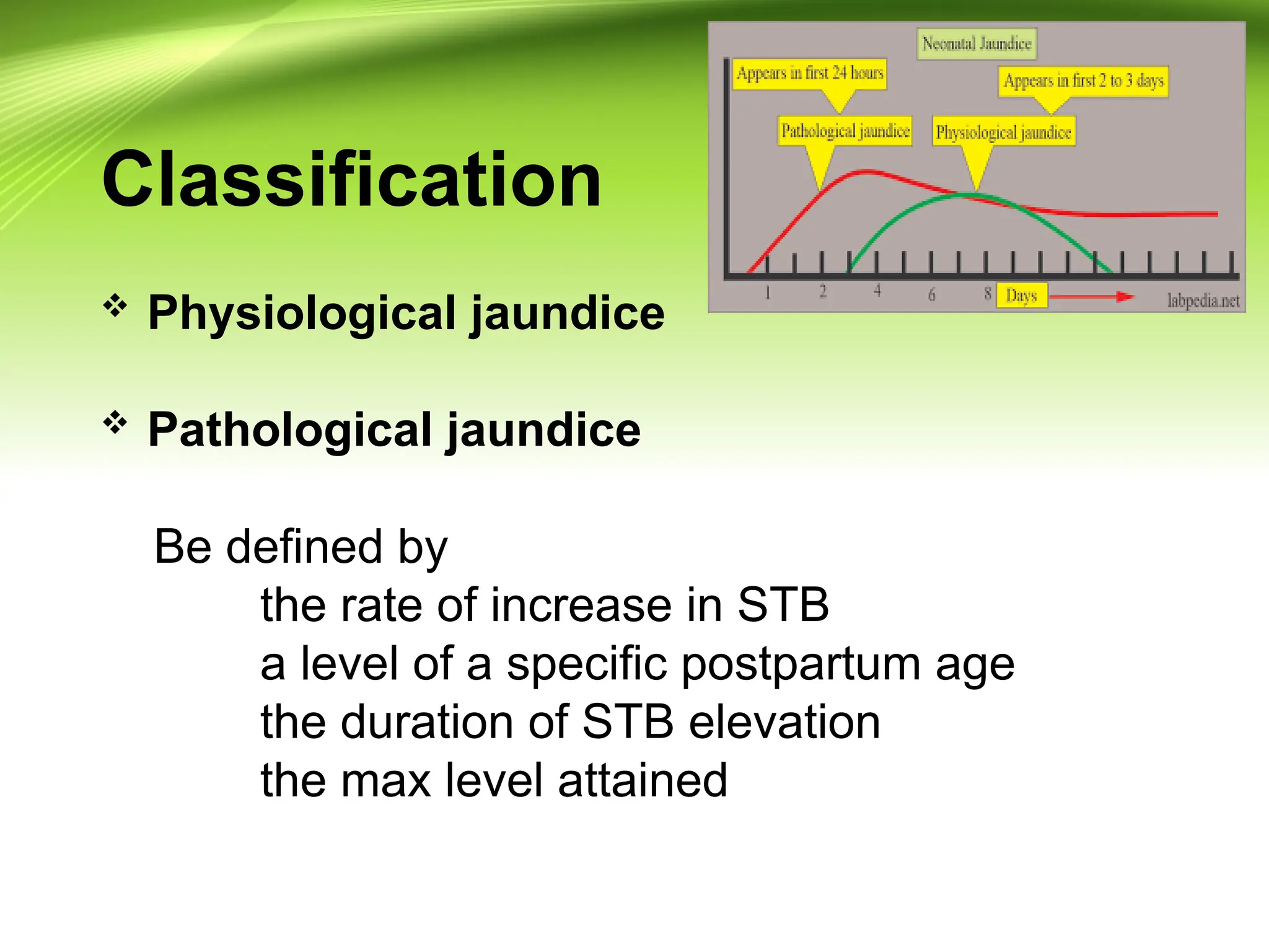 Classification
 Physiological jaundice
 Pathological jaundice
Be defined by
the rate of increase in STB
a level of a specific postpartum age
the duration of STB elevation
the max level attained
 