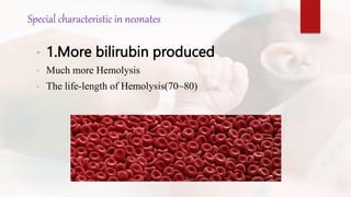 Special characteristic in neonates
• 1.More bilirubin produced
• Much more Hemolysis
• The life-length of Hemolysis(70~80)
 