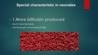 Special characteristic in neonates
• 1.More billirubin produced
• Much more Hemolysis
• The life-length of hemolysis(70~80)
 