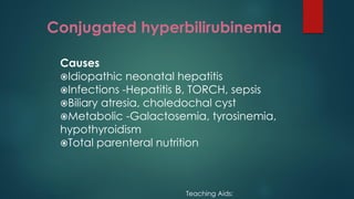 Conjugated hyperbilirubinemia
Causes
Idiopathic neonatal hepatitis
Infections -Hepatitis B, TORCH, sepsis
Biliary atresia, choledochal cyst
Metabolic -Galactosemia, tyrosinemia,
hypothyroidism
Total parenteral nutrition
Teaching Aids:
 