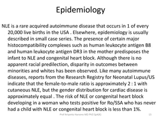 Epidemiology
NLE is a rare acquired autoimmune disease that occurs in 1 of every
20,000 live births in the USA . Elsewhere...
