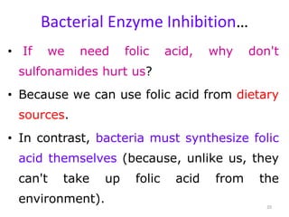 Bacterial Enzyme Inhibition…
• If we need folic acid, why don't
sulfonamides hurt us?
• Because we can use folic acid from dietary
sources.
• In contrast, bacteria must synthesize folic
acid themselves (because, unlike us, they
can't take up folic acid from the
environment). 20
 