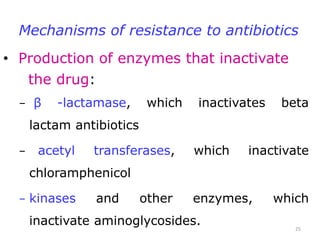 Mechanisms of resistance to antibiotics
• Production of enzymes that inactivate
the drug:
− β -lactamase, which inactivates beta
lactam antibiotics
− acetyl transferases, which inactivate
chloramphenicol
− kinases and other enzymes, which
inactivate aminoglycosides. 25
 