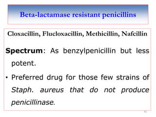 Beta-lactamase resistant penicillins
Cloxacillin, Flucloxacillin, Methicillin, Nafcillin
Spectrum: As benzylpenicillin but less
potent.
• Preferred drug for those few strains of
Staph. aureus that do not produce
penicillinase.
42
 