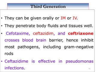Third Generation
• They can be given orally or IM or IV.
• They penetrate body fluids and tissues well.
• Cefotaxime, ceftazidim, and ceftriaxone
crosses blood brain barrier, hence inhibit
most pathogens, including gram-negative
rods
• Ceftazidime is effective in pseudomonas
infections. 55
 