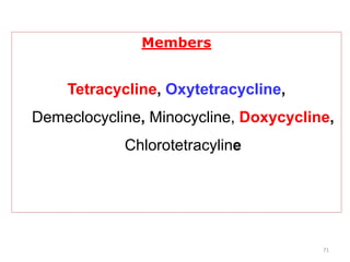 71
Members
Tetracycline, Oxytetracycline,
Demeclocycline, Minocycline, Doxycycline,
Chlorotetracyline
 